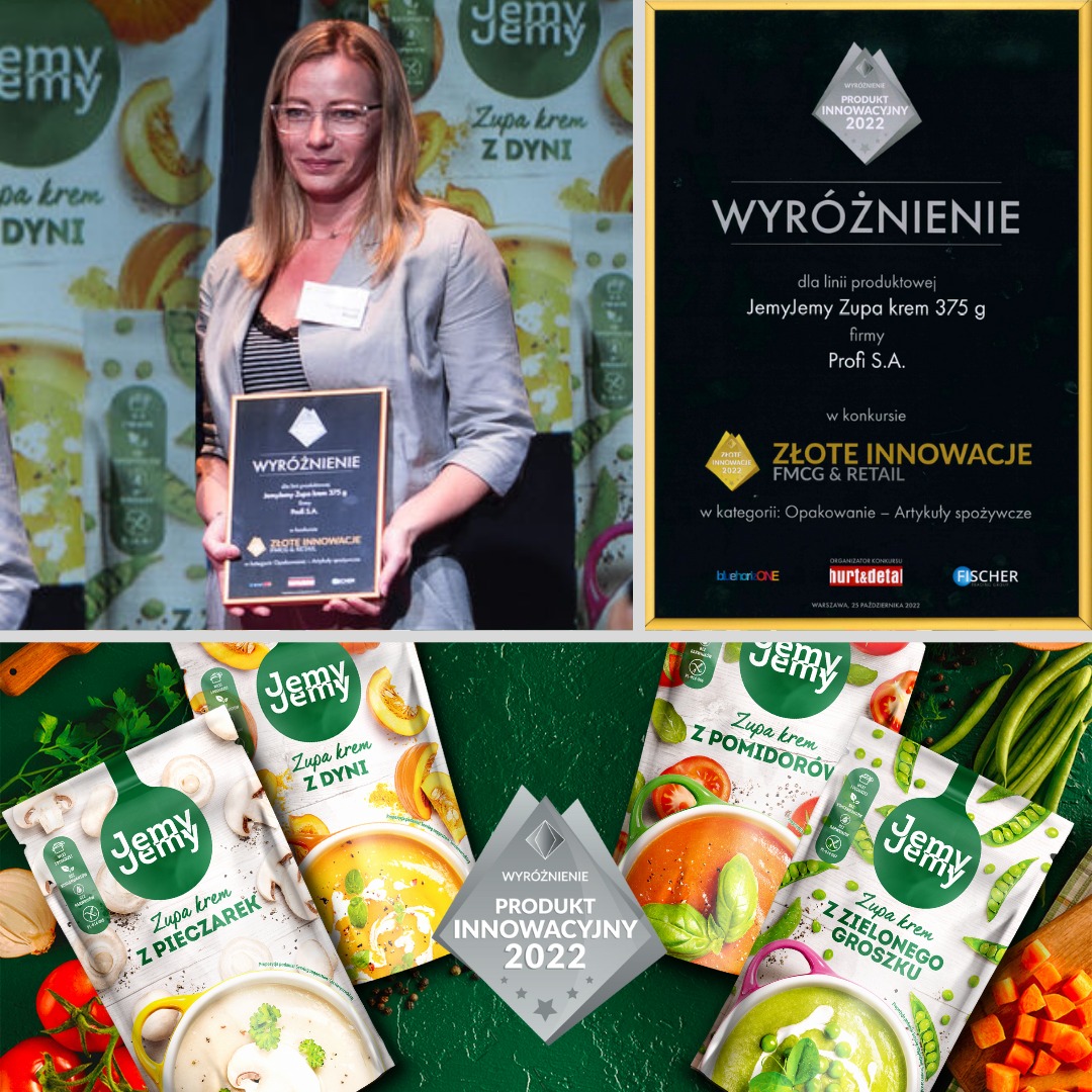 Mamy kolejną nagrodę! Zupy krem JemyJemy otrzymały wyróżnienie w konkursie Złote Innowacje FMCG & Retail 2022 w kategorii opakowanie – artykuły spożywcze.
